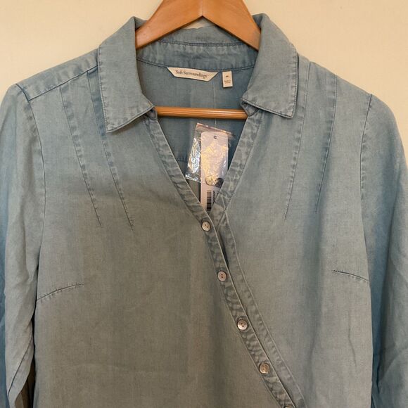 Soft Surroundings Washed Tencel Crossover Tunic Shirt M Light Wash Denim Blue - Picture 2 of 10